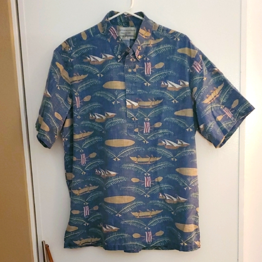 Reyn Spooner Blue and Tan Hawaiian Shirt